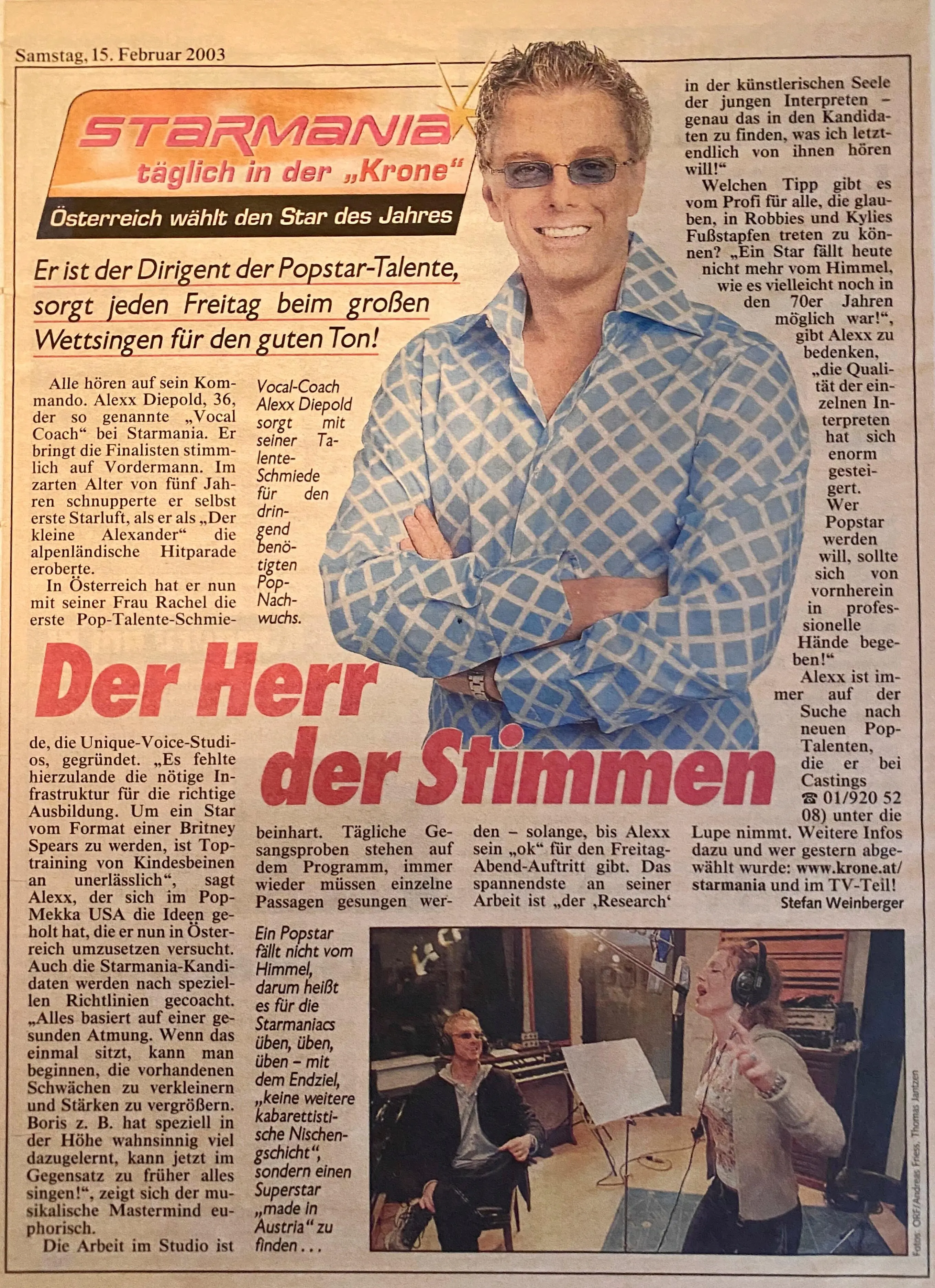 Alexander Diepold Vocal Coach bei Starmania - Artikel aus der Kronen Zeitung